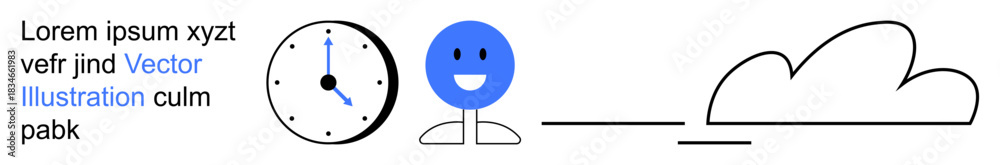 Fototapeta premium Time management, productivity, positive mindset, scheduling, minimalism, abstract design. Clock, smiling face cloud and lines in simple style. Time management and productivity theme