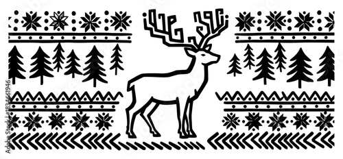 Nordic style Christmas knitwear pattern with reindeer and pine trees seamless border black vector illustration