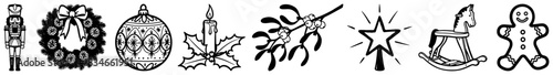 Row of traditional Christmas symbols and icons including nutcracker wreath and rocking horse vector illustration black and white