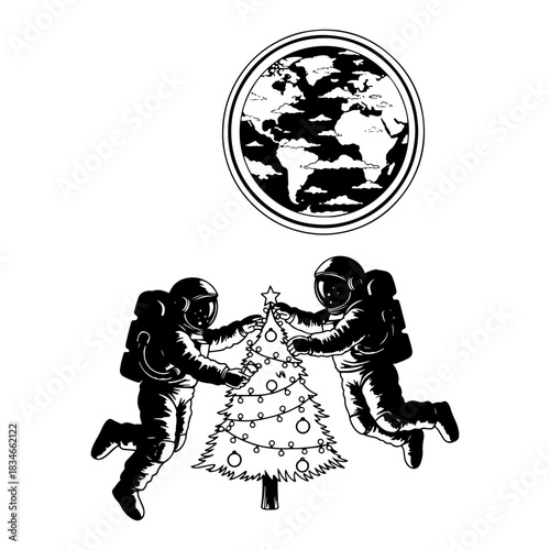 Astronauts decorating Christmas tree in zero gravity with Earth globe icon vector illustration