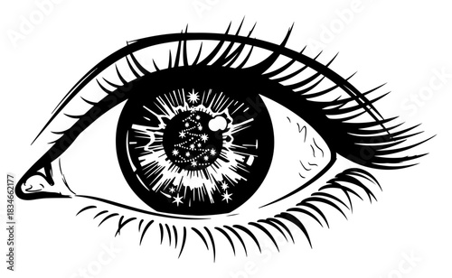Human eye with Christmas tree reflection in pupil vector sketch illustration of holiday vision and magic