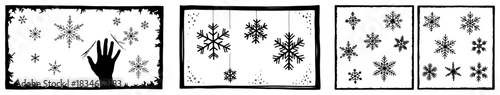 Set of frozen window frames with handprint on glass and falling snowflakes vector sketch illustration