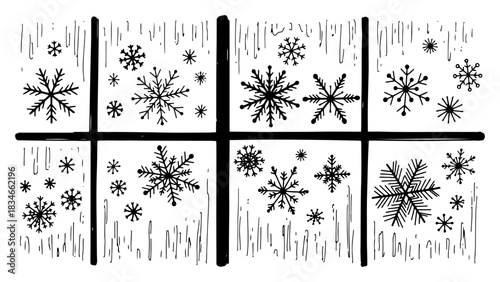 Wooden window frame with falling snowflakes view through glass vector illustration black and white winter weather background