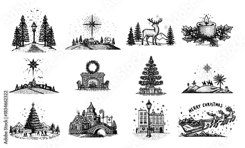 Vintage hand drawn Christmas scenes and landscapes collection with nativity and winter elements vector illustration