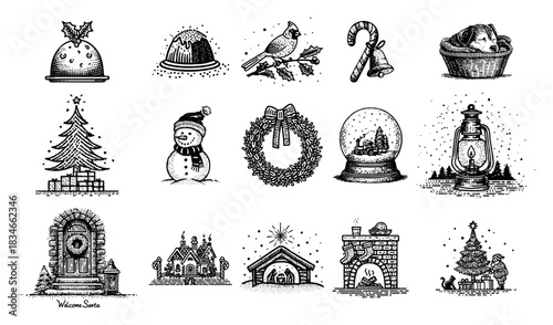 Big set of vintage hand drawn Christmas icons including wreath snowman and nativity scene dotwork engraving style vector illustrations