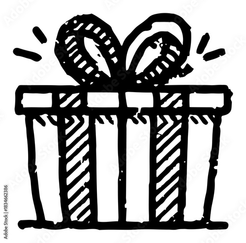 Hand drawn gift box with ribbon and bow vector illustration black and white striped present for christmas or birthday celebration