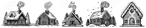 Row of winter log cabins with snowy roofs and smoking chimneys vector illustration black and white small houses set