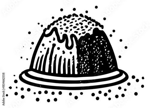 Traditional christmas pudding with icing and sprinkles vector illustration black and white festive holiday dessert on plate