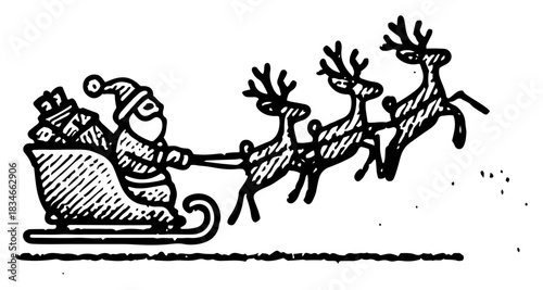 Santa Claus riding sleigh with reindeer and gifts delivering presents woodcut style vector illustration