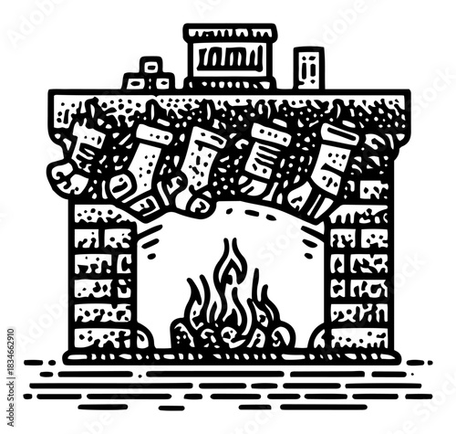Cozy Christmas fireplace with hanging stockings and burning fire woodcut style vector illustration