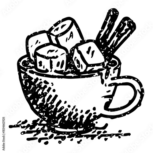 Cup of hot cocoa with marshmallows and cinnamon sticks hand drawn vector illustration black and white winter holiday drink