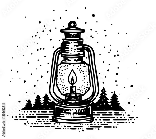 Vintage oil lantern glowing in snowy forest vector illustration winter camping lamp stipple sketch