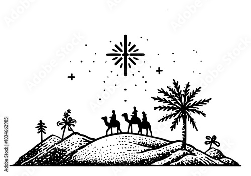 Three Wise Men riding camels in desert following star vector illustration Nativity scene stipple sketch