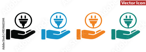 Hand holding power plug icon symbolizing energy solution and connection,Plug icon vector. Electric plug sign, Electric plugs icon symbol set collection
