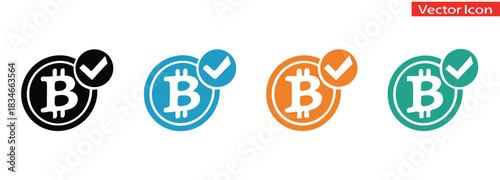 Bitcoin icons with check mark for approved crypto transactions,Crypto currency, bitcoin, bit coin logo. Bitcoin symbol. Flat design vector bitcoin icons, signs of modern crypto currency isolated
