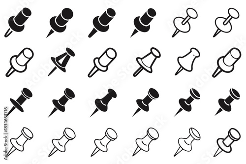 Collection of Black and White Push Pin Icons Perfect for Office Supplies Stationary Design Projects
