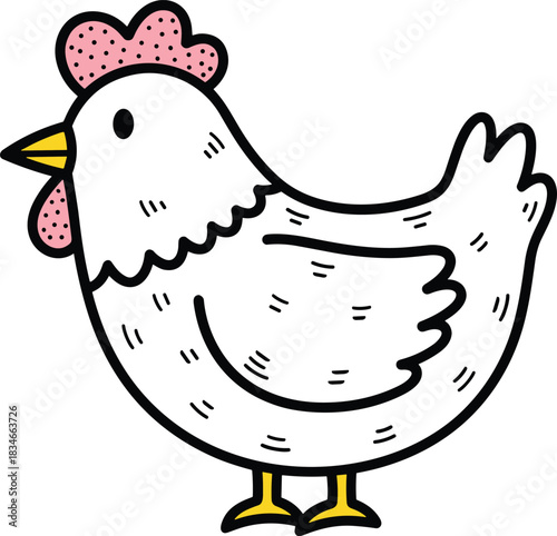 Cartoon chicken vector illustration with white feathers, pink comb, yellow beak and feet, farm animal clipart for kids education