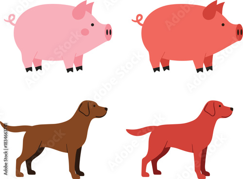Cartoon pigs and dogs in vector style, colorful farm animals illustration for children’s education, pet icons, and design elements.