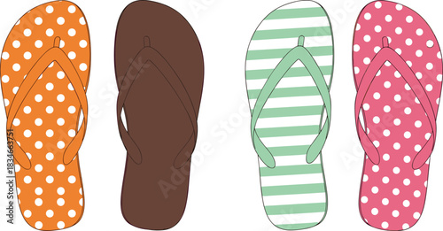 Colorful flip-flop vector set with polka dots, stripes, and solid designs for summer fashion, beachwear, and casual footwear themes.
