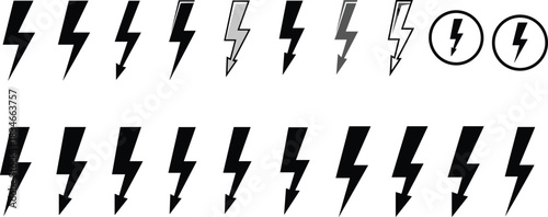 Lightning bolt icon set, electric symbol collection, thunder graphic design, power energy flash, storm vector elements, bold lightning illustrationsLightning 