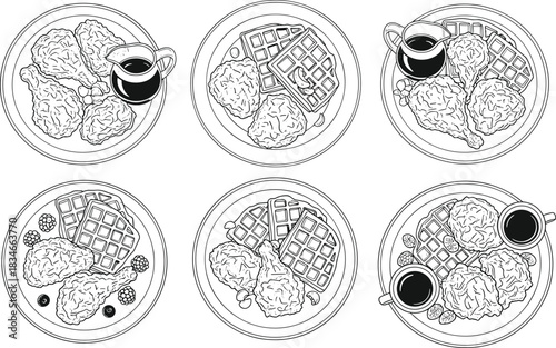 Delicious chicken and waffles brunch set with syrup, berries, fried pieces, crispy texture, gourmet comfort food, restaurant-style serving illustration