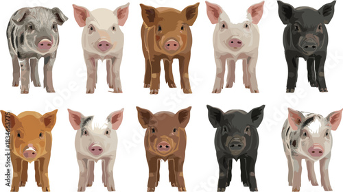 Cute piglet vector set featuring diverse farm animal colors, markings, and breeds for children’s illustrations, education, and livestock graphics.