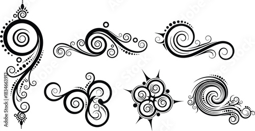 Ornamental swirl design, black decorative elements, tattoo style, abstract curves, spiral motifs, elegant embellishment, graphic art, symmetrical, artistic flourish
