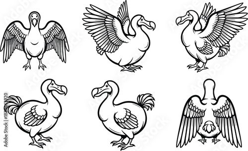 Set of Six Dodo Bird Cartoon Illustrations in Various Poses and Angles for Educational, Artistic, and Wildlife-Themed Vector Design Projects