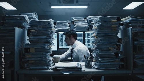 Overworked Businessman Sleeping at Desk Surrounded by Piles of Documents and Computer Screens.