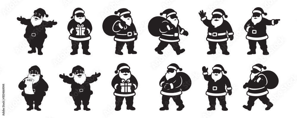 Obraz premium Black silhouette set of santa claus figures holding gifts, waving, and carrying bags. concept of christmas, festive season, holiday spirit, iconic character, design element