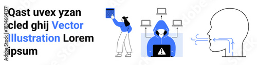 Cybersecurity, online privacy, digital communication, hacking prevention, data sharing, user interaction. Figures include a hacker, a person sharing data and informational graphics. Cybersecurity