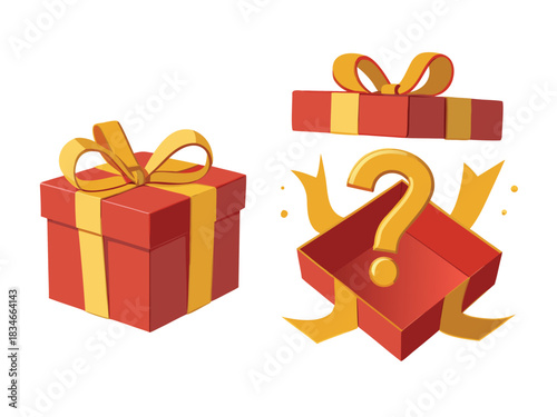 Red gift boxes with golden ribbons and a question mark, perfect for adding mystery and excitement to promotions, sales, and events transparent background