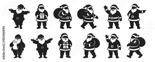 Black silhouette set of santa claus figures holding gifts, waving, and carrying bags. concept of christmas, festive season, holiday spirit, iconic character, design element