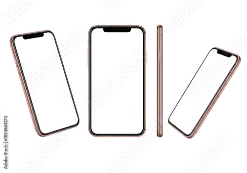 Three modern smartphones displayed at different angles isolated on transparent background