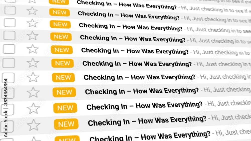 Checking In emails appear one after another in an animated inbox ...