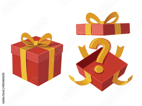 Red gift boxes with golden ribbons and a question mark, perfect for adding mystery and excitement to promotions, sales, and events transparent background
