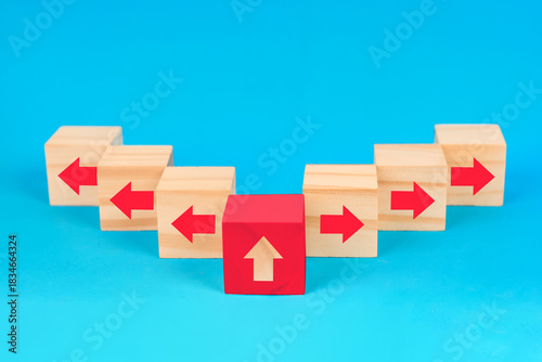 A leadership rise concept highlighting a central advancing block to symbolize authority direction progress and influential positioning.
