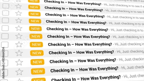Checking In emails appear one after another in an animated inbox display. Perfect for themes of digital overload, communication, spam, or customer follow-up in the modern world.
