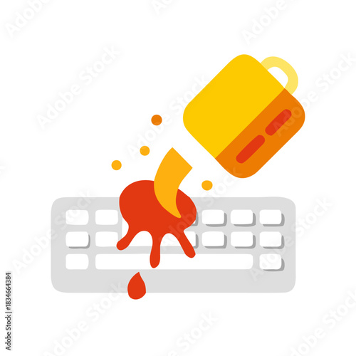 Stylized icon of a coffee cup spilling liquid onto a computer keyboard, illustrating a common accident