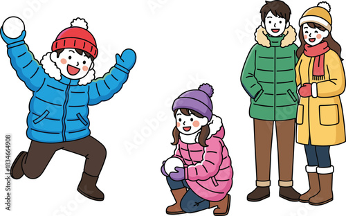 Joyful winter outdoor activity scene with diverse people in colorful clothes playing in snow, celebrating cold weather and seasonal fun together.