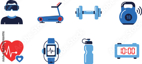 Modern fitness and health icons featuring wearable tech, gym equipment, hydration, heart rate monitoring, and digital workout scheduling tools.