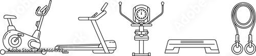 Minimalist black and white vector illustration of five essential gym workout equipment for fitness, cardio, strength, and home exercise training