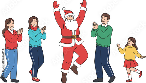 Santa Claus dancing with happy family in winter clothes celebrating Christmas holiday together in festive cheerful mood on white background