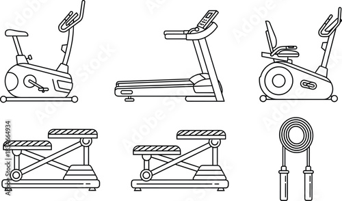 Outlined vector illustrations of six different gym and home workout equipment for cardio and fitness training, isolated on white background.