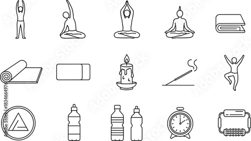 Yoga and wellness icons including poses, meditation, props, water bottles, incense, clock, and typewriter for mindful lifestyle design.