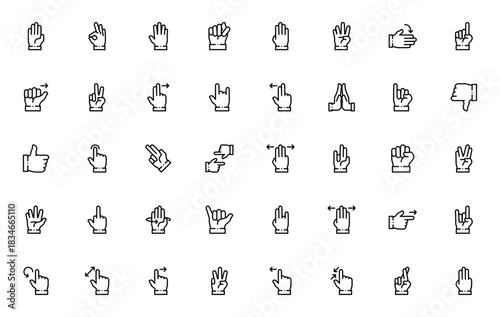 Hand gestures icon set. Vector illustration. Include symbols for OK, peace, thmb up, thumb down, pointin, fist, swear, zoom, swipeand more. Editable stroke.