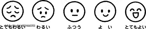 手描きの感情アイコンセット。5段階評価。悲しい、不安、無表情、笑顔、喜びをモノクロでシンプルな顔の表情で表現したベクター素材｜感情,表情,顔,悲しい,不安,笑顔,喜び