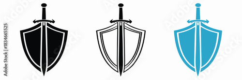 Shield and sword icon set, representing protection and defense isolated on white background,Stunning shield and sword icon for security, defense, and protection concepts,