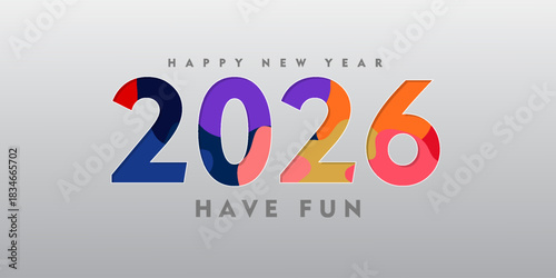 2026 new year banner, numbers paper cut colorful. Creative happy new year design, vector stained glass digits typography for greeting card or holiday poster