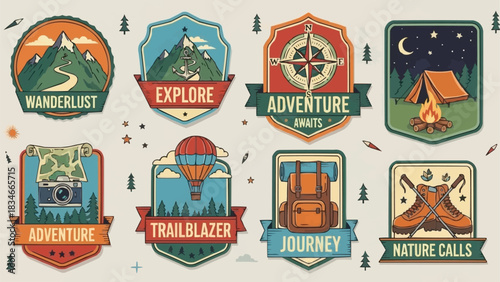 Collection of Adventure and Travel Badges with Nature Elements.